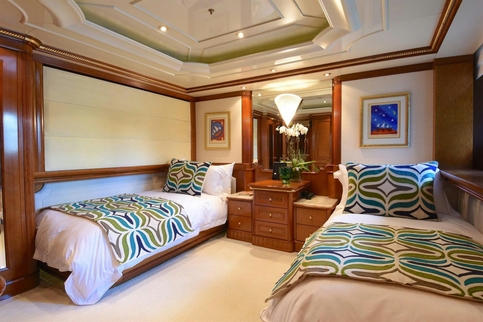 a bedroom with two beds aboard NEXT CHAPTER Yacht for Sale