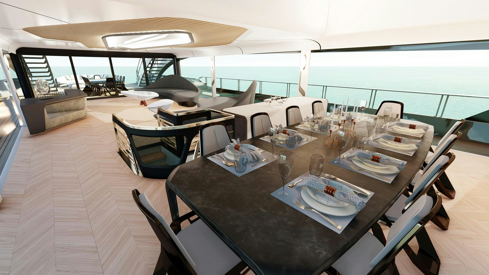a large room with tables and chairs aboard VENOM Yacht for Sale