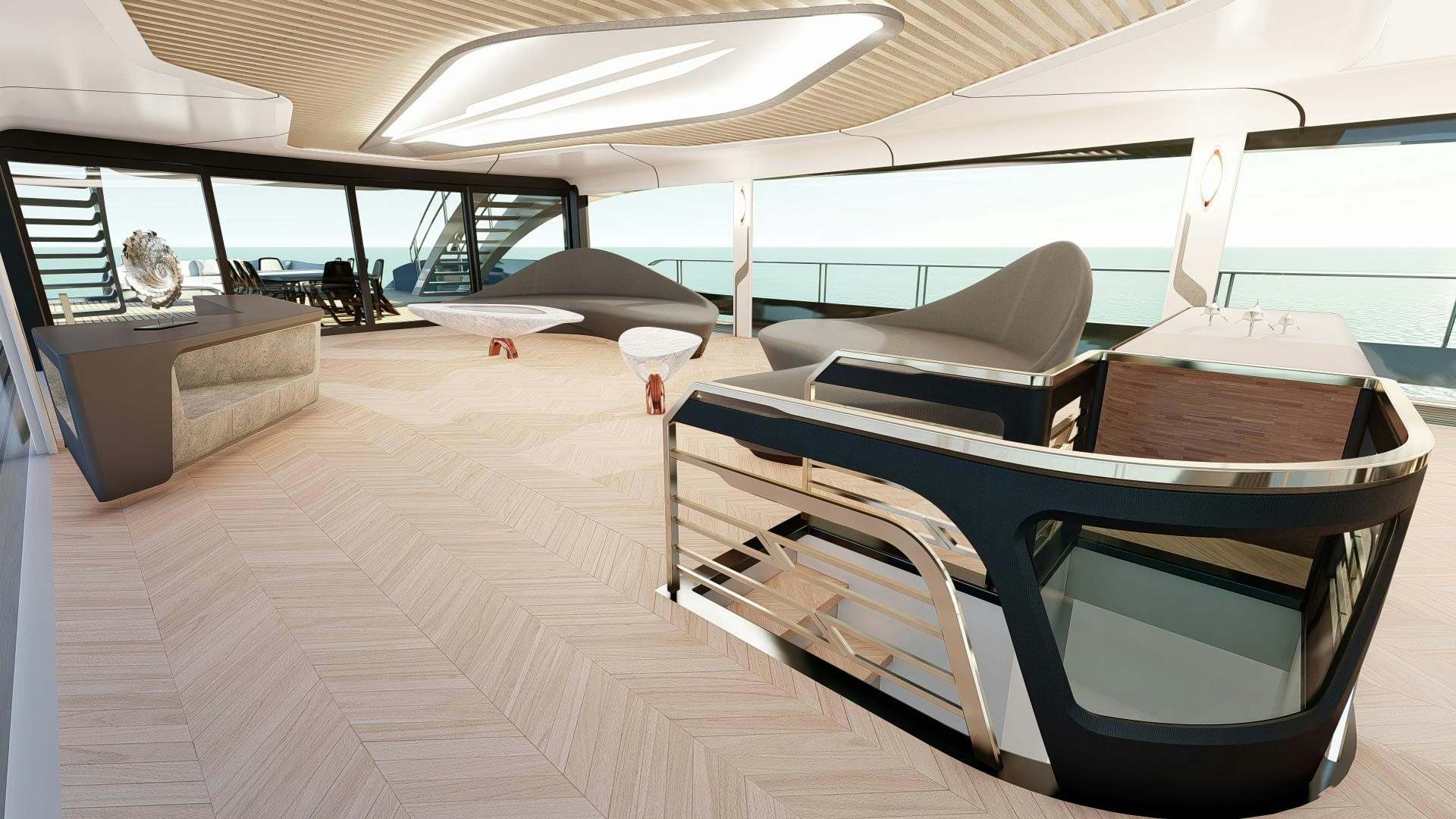 a room with a large white lounge chair and a large window aboard VENOM Yacht for Sale