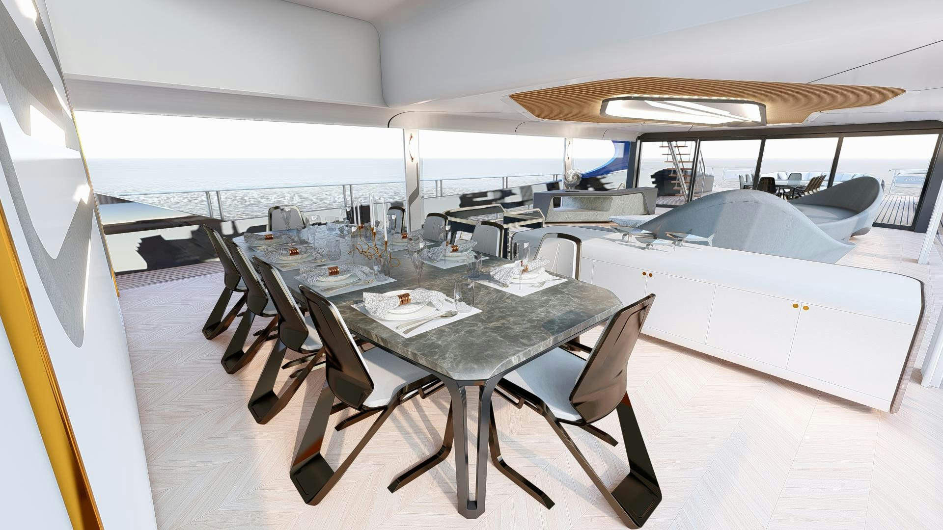a room with a table chairs and a plane aboard ZEON Yacht for Sale