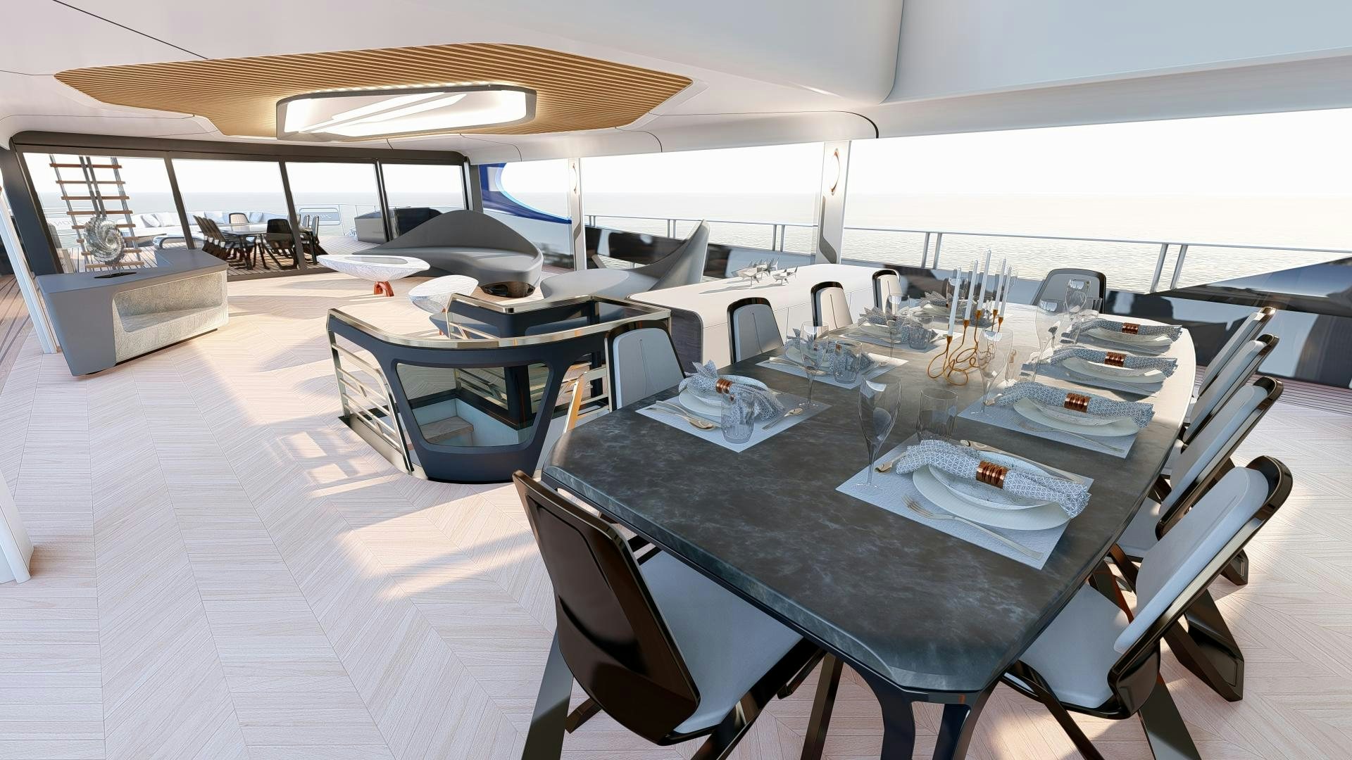 a large room with tables and chairs aboard ZEON Yacht for Sale