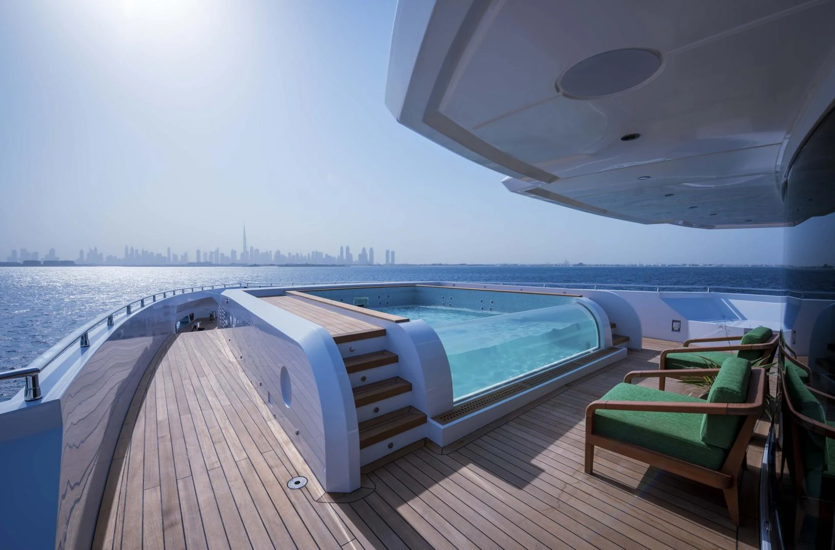 a deck with a view of a city and water aboard MAJESTY 175 Yacht for Sale