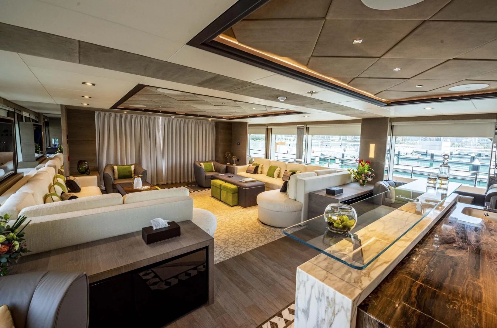 a living room with a large window aboard MAJESTY 175 Yacht for Sale