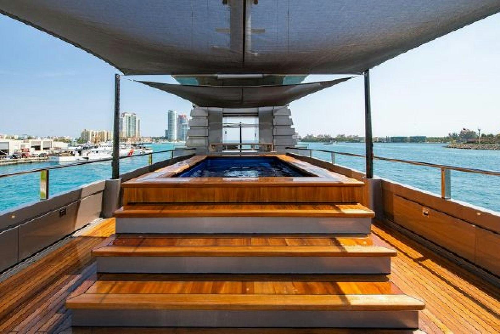 a deck with a view of a city and water aboard 174 OCEANFAST MIZU Yacht for Sale