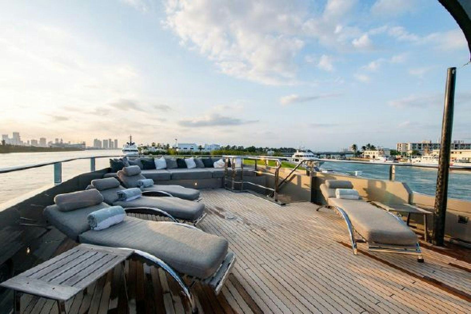 a deck with a view of a city and water aboard 174 OCEANFAST MIZU Yacht for Sale