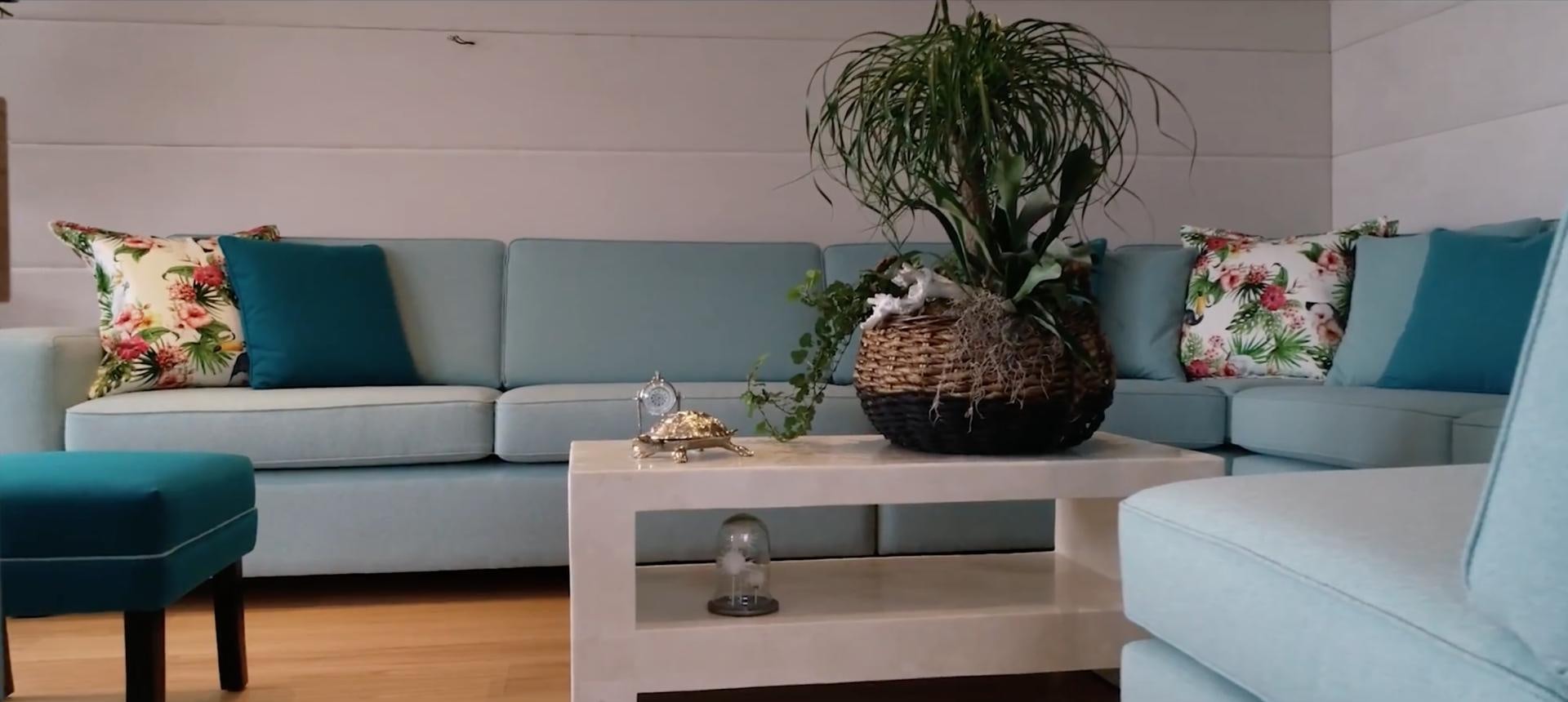 a living room with a white couch and a plant in a pot aboard ANNA J Yacht for Sale