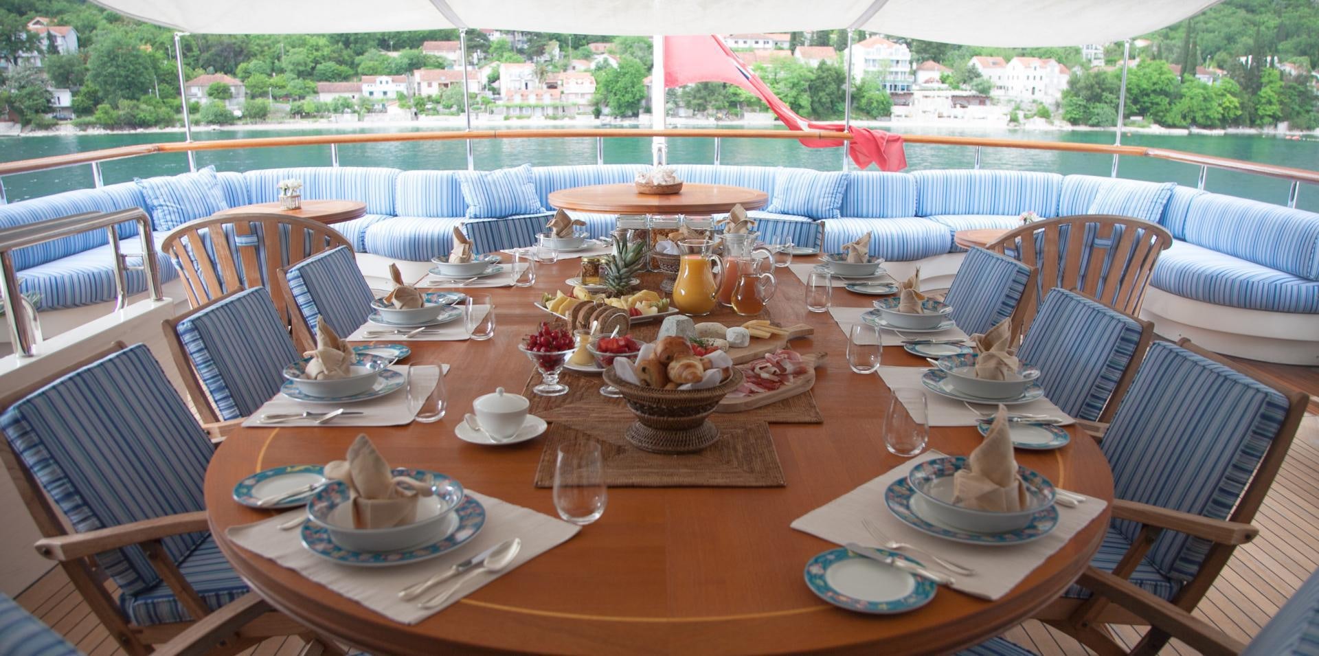 a table with plates and glasses on it aboard JO I Yacht for Sale