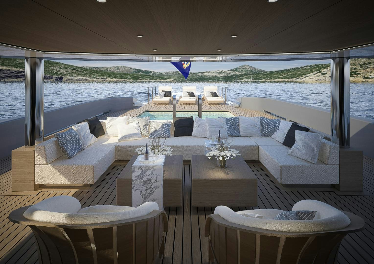 a room with tables and chairs aboard ARIES Yacht for Sale