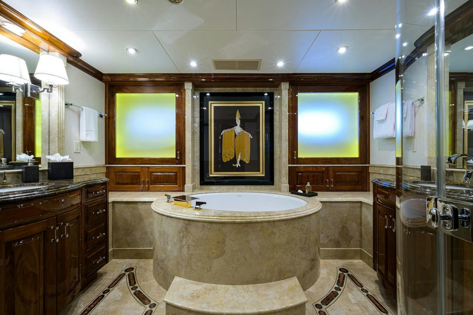 a bathroom with a large bathtub aboard REMEMBER WHEN Yacht for Sale