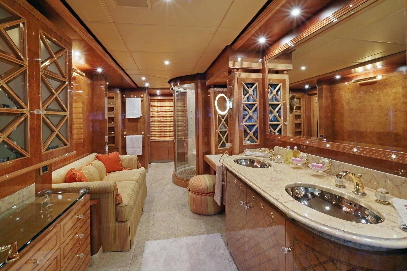 a bathroom with a large mirror aboard DR NO NO Yacht for Sale