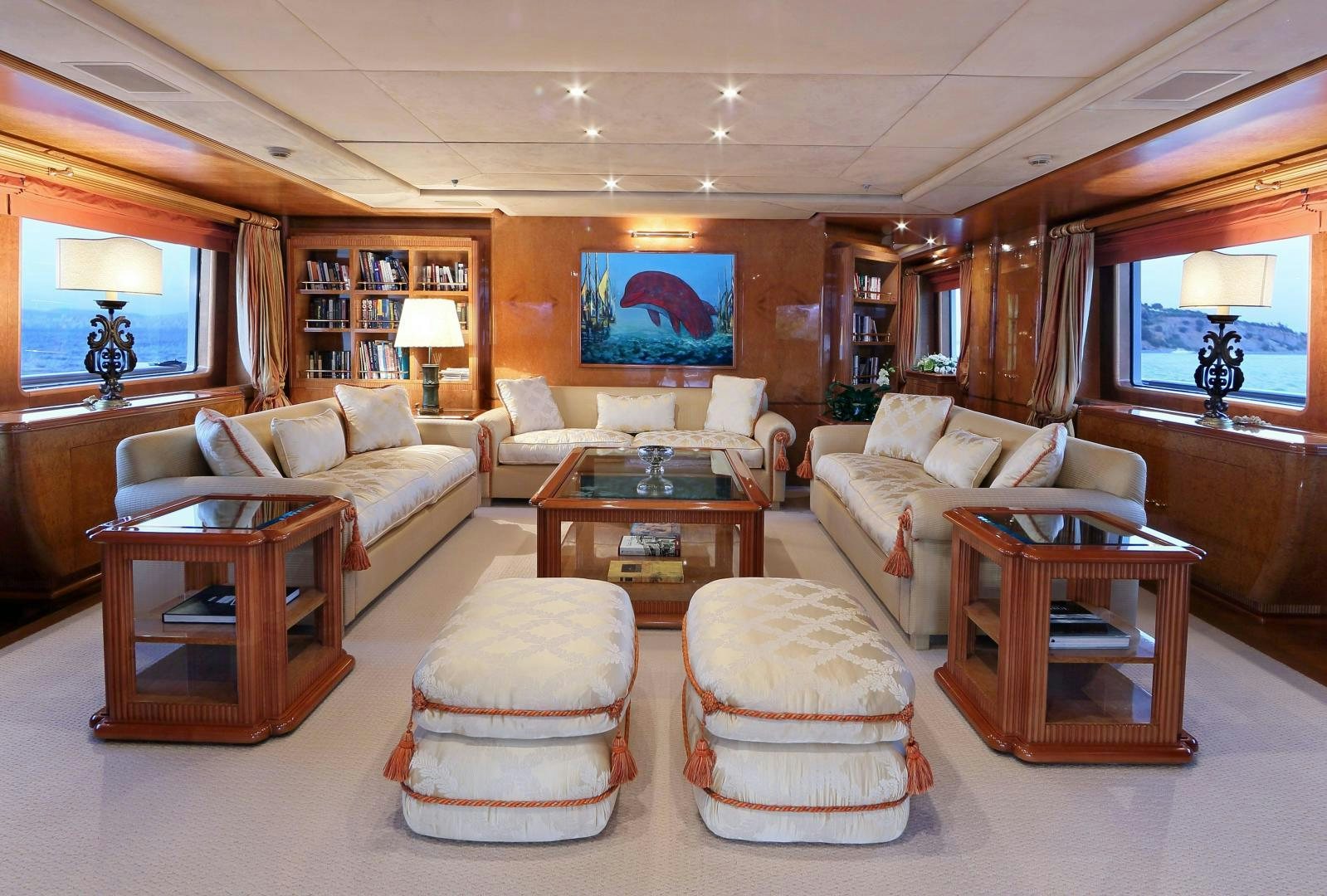 a living room with a large window aboard DR NO NO Yacht for Sale