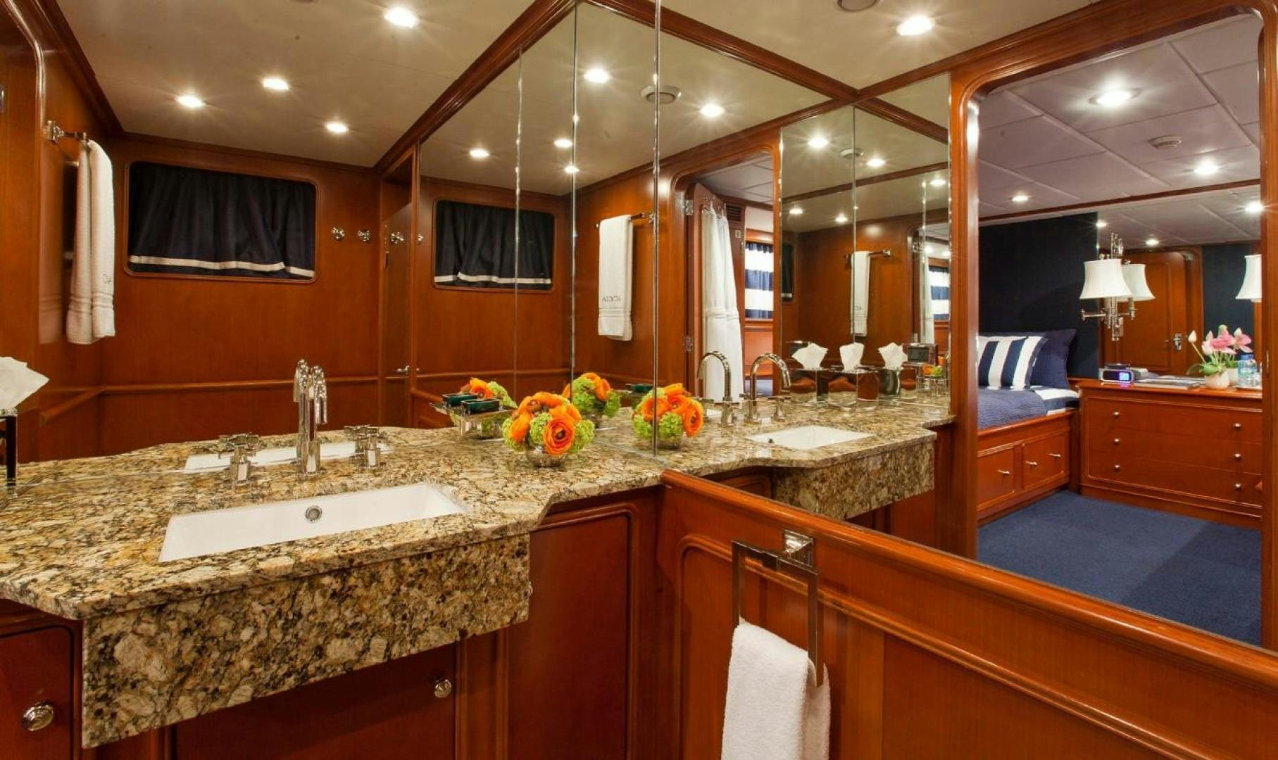 a large bathroom with a large countertop aboard AUDACIA Yacht for Sale