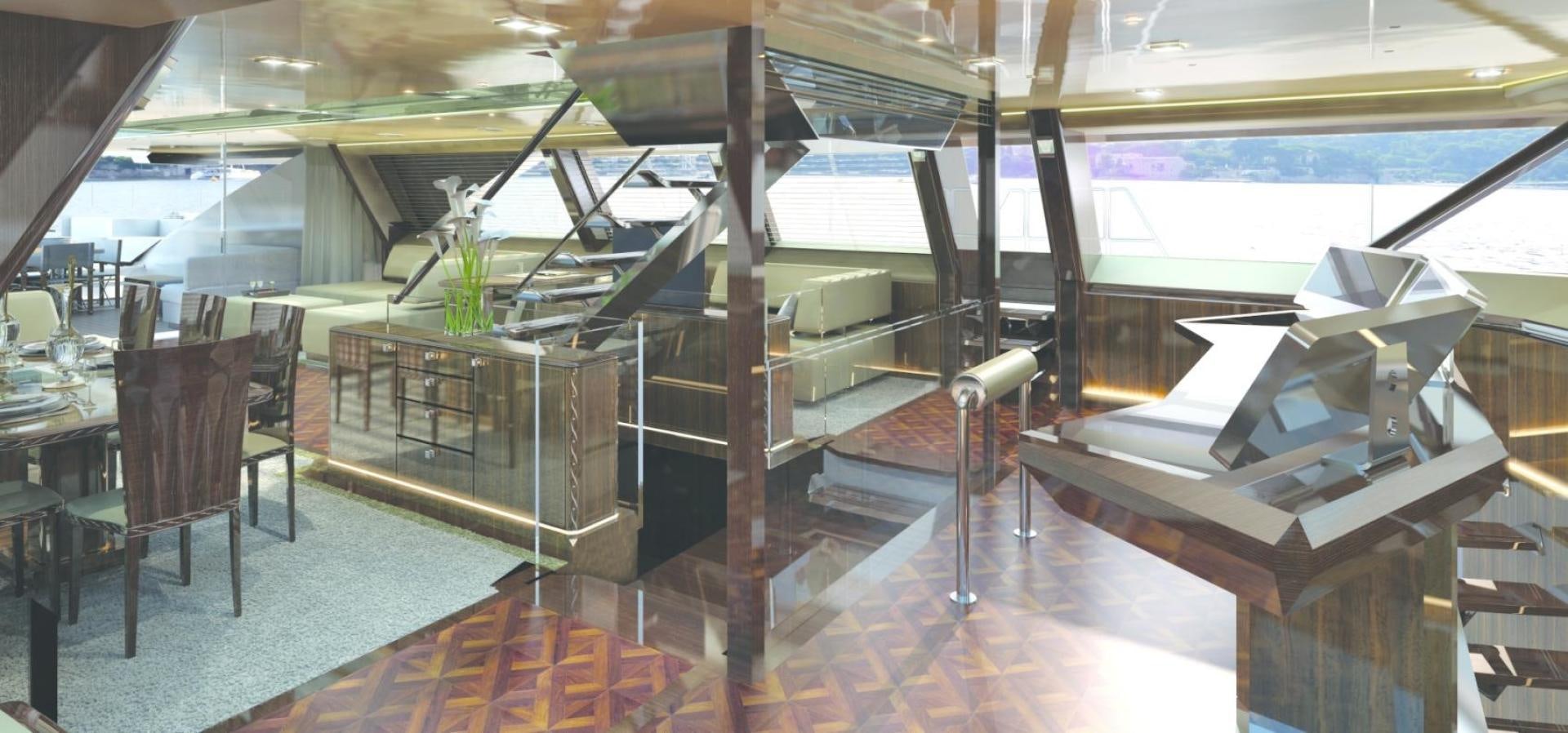 a room with tables and chairs aboard TROY Yacht for Sale