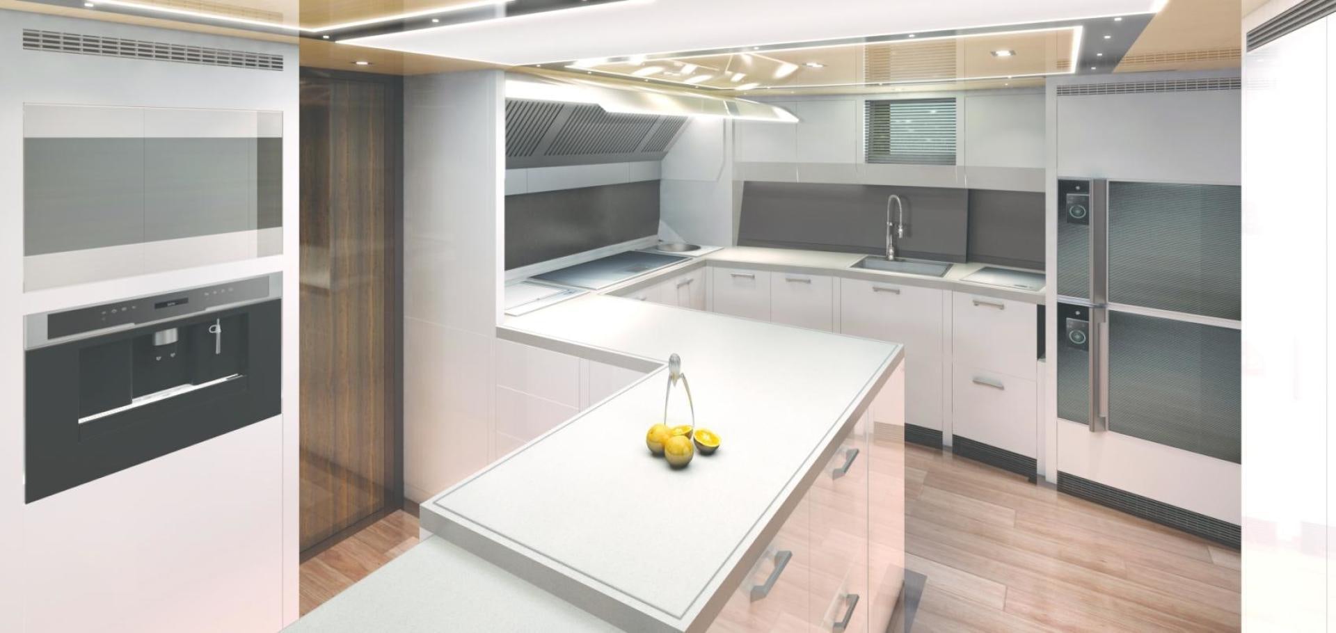 a kitchen with white cabinets aboard TROY Yacht for Sale