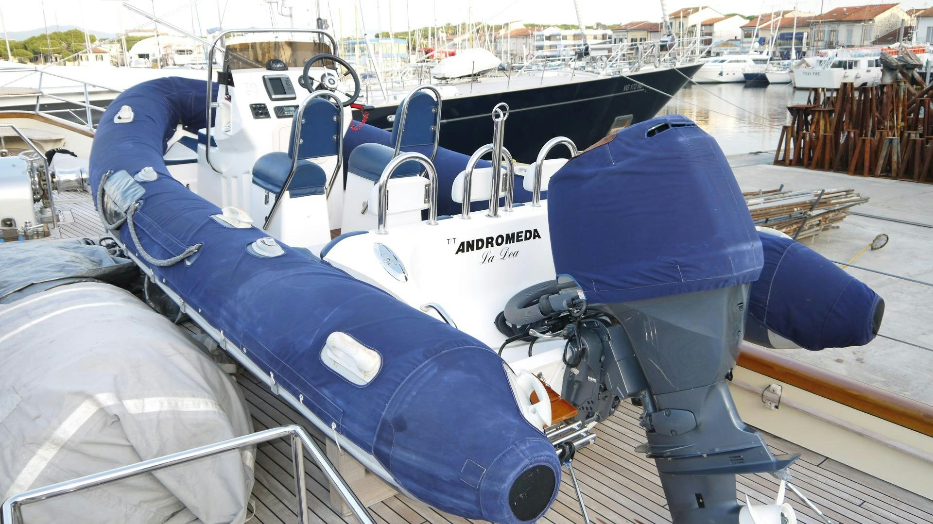 a boat with a blue seat aboard ANDROMEDA LA DEA Yacht for Sale