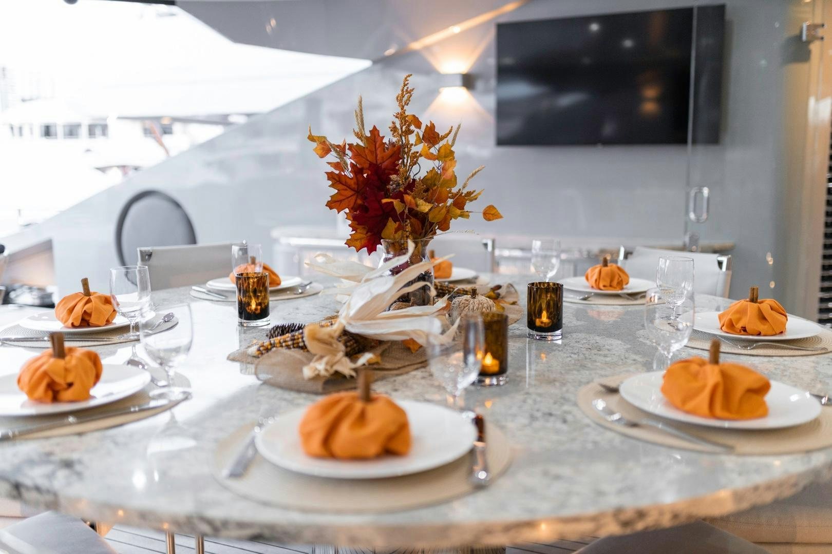 a table with food on it aboard AQUANOVA Yacht for Sale