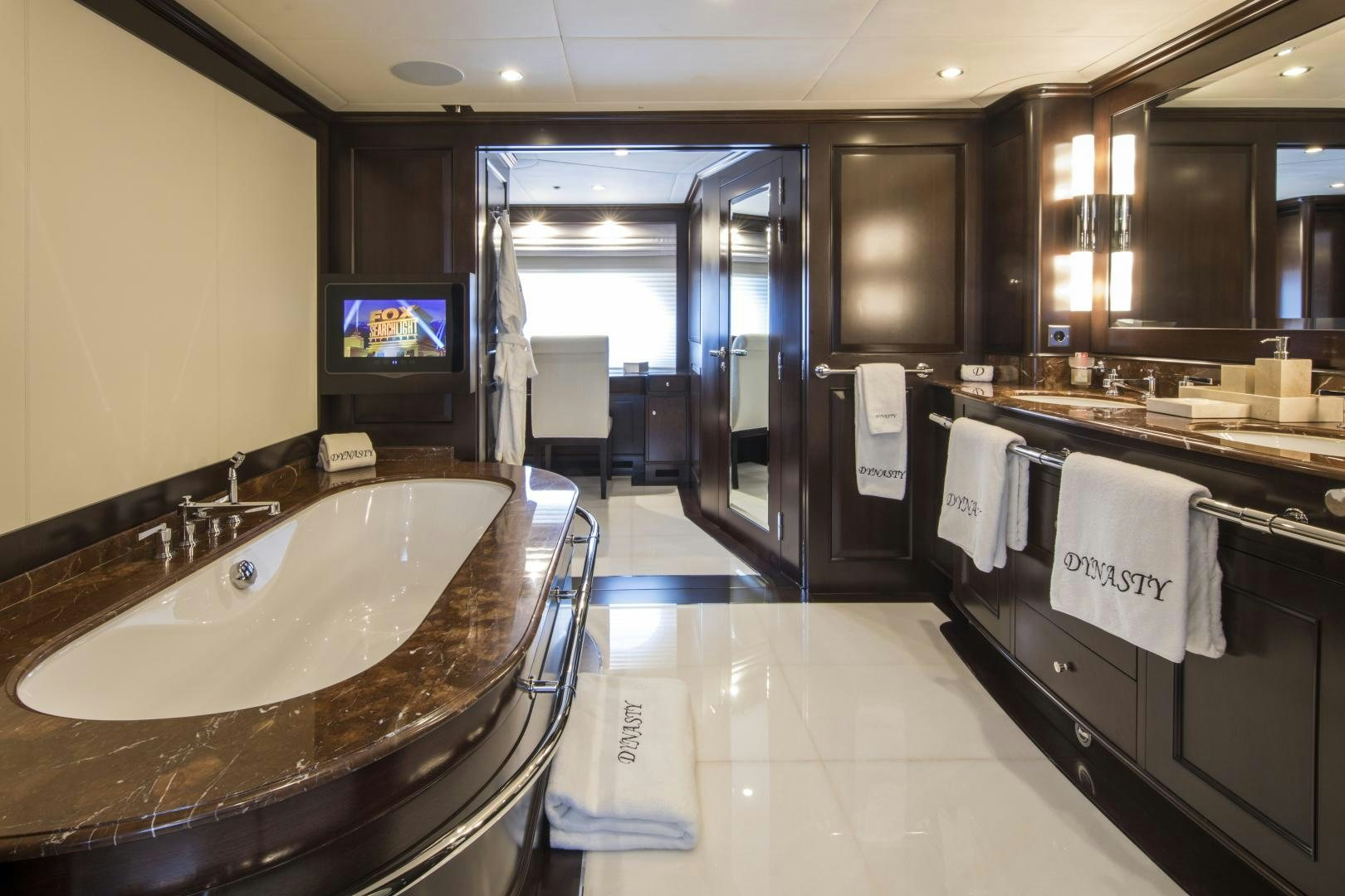 a bathroom with a large bathtub aboard DYNASTY Yacht for Sale
