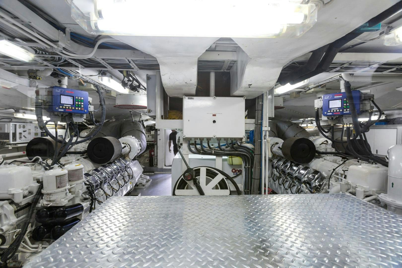 a large room with machinery aboard AT LAST Yacht for Sale