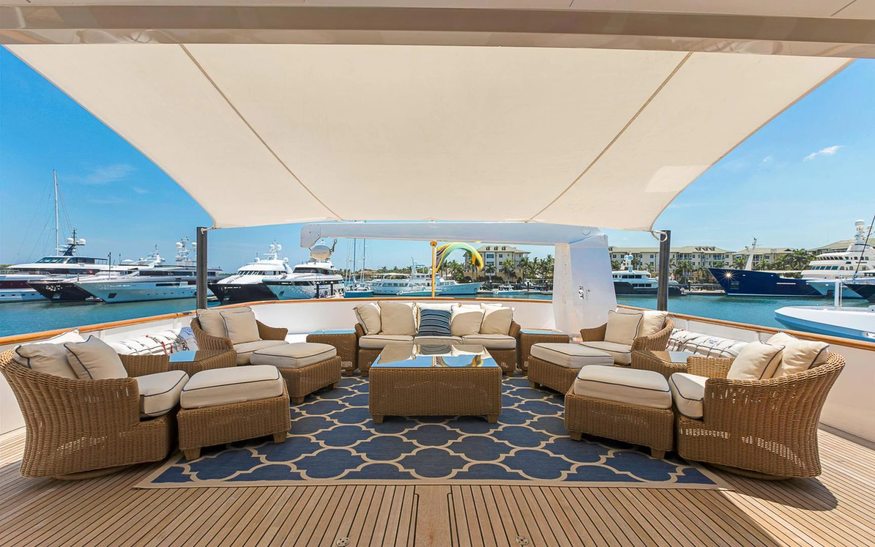 a room with a view of the water and boats aboard TRUE NORTH Yacht for Sale