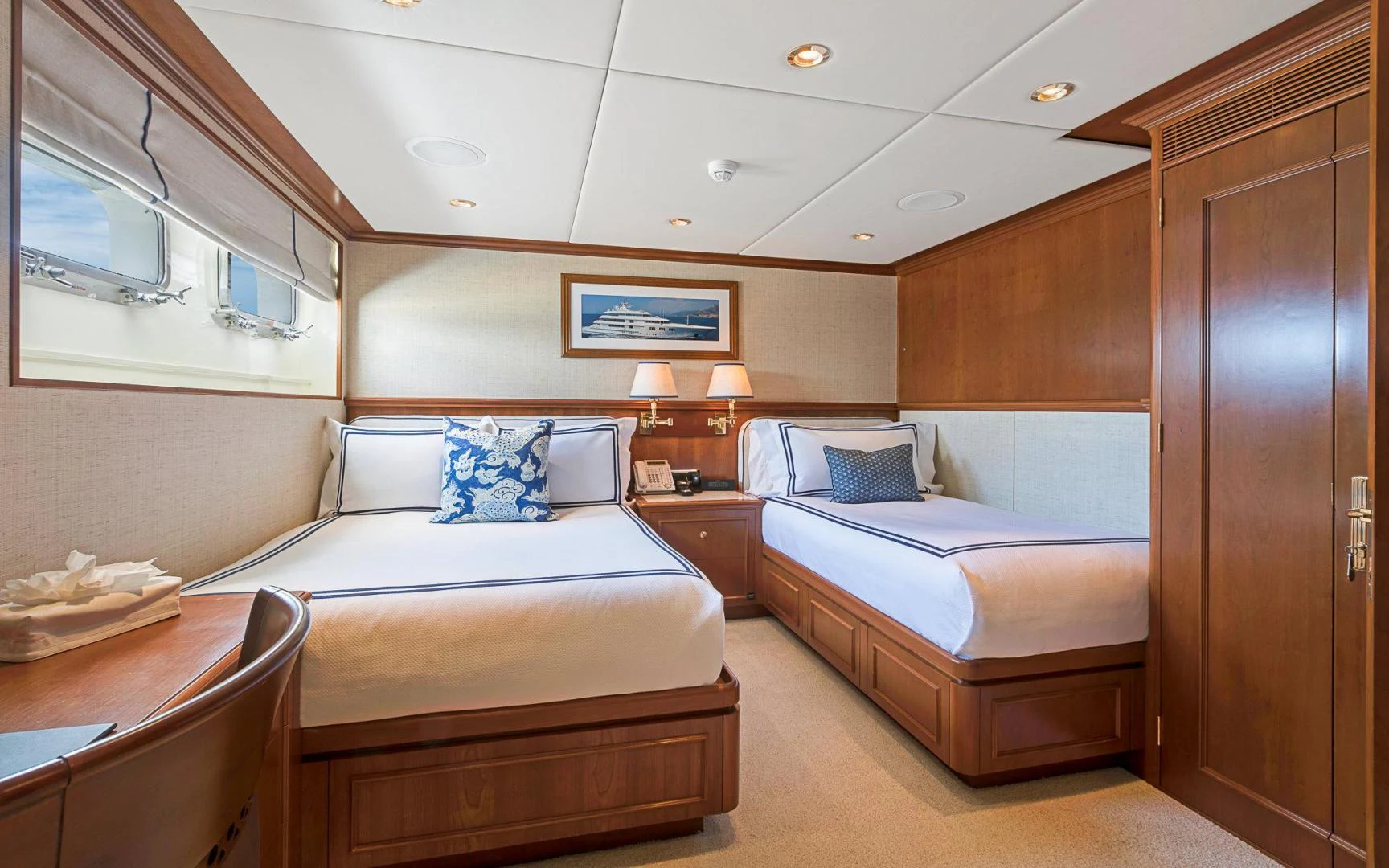 a room with two beds aboard TRUE NORTH Yacht for Sale
