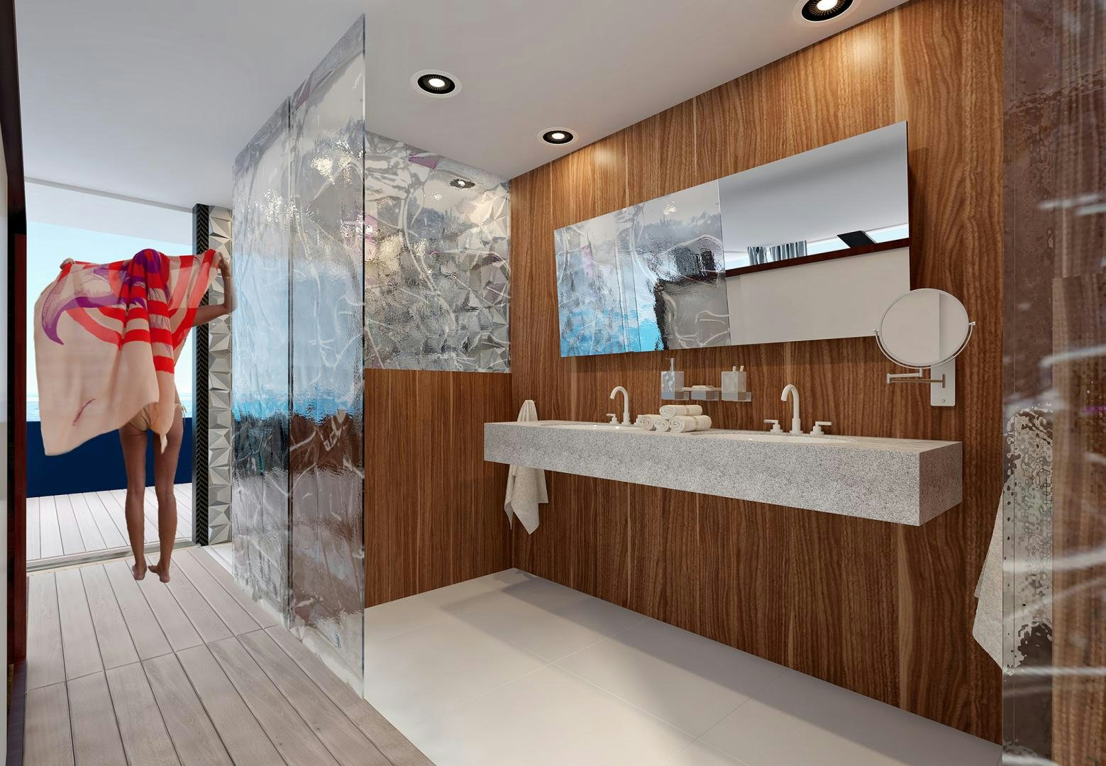 a bathroom with a large mirror aboard SEA VOYAGER 143 Yacht for Sale