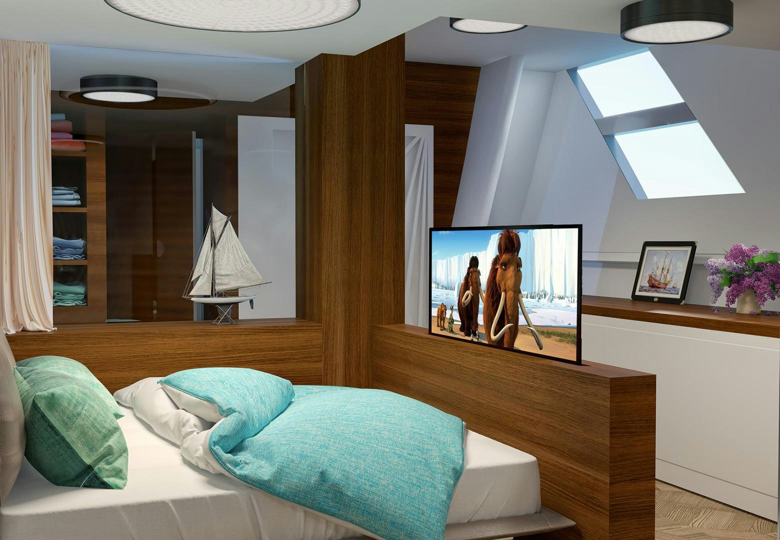 a room with a bed and a television aboard SEA VOYAGER 143 Yacht for Sale