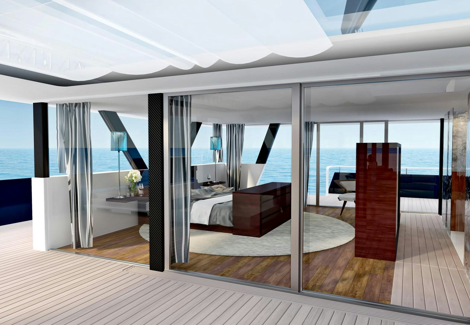 a room with a bed and a desk aboard SEA VOYAGER 143 Yacht for Sale