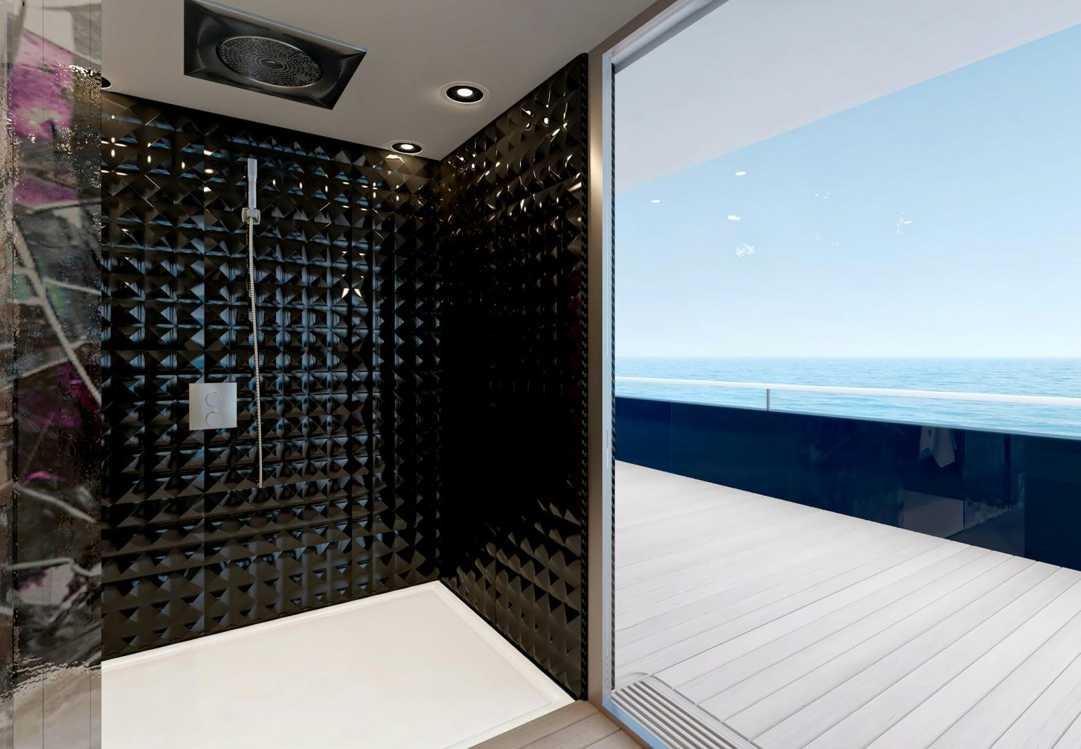 a black and white tiled room aboard SEA VOYAGER 143 Yacht for Sale