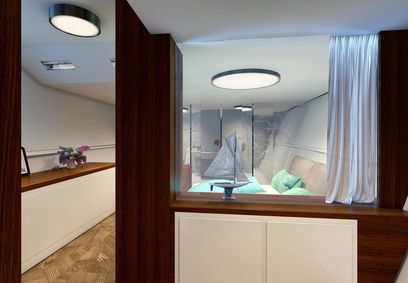a mirror showing a person in a bathtub aboard SEA VOYAGER 143 Yacht for Sale