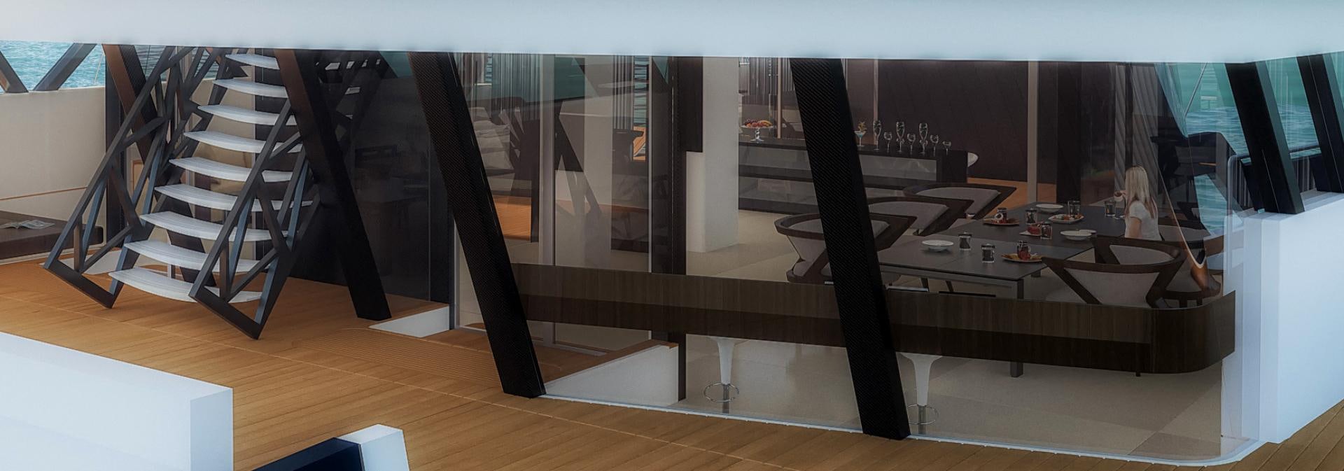 a room with a large window and a table with chairs aboard SEA VOYAGER 143 Yacht for Sale