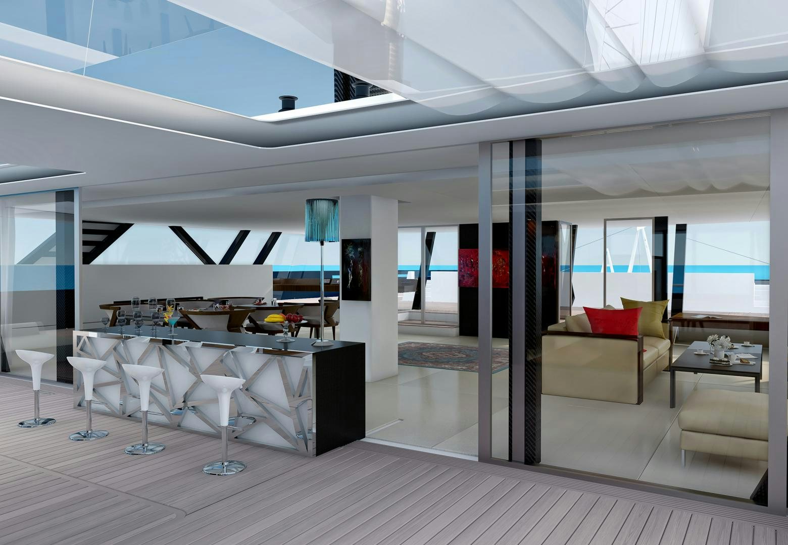 a room with a table and chairs aboard SEA VOYAGER 143 Yacht for Sale