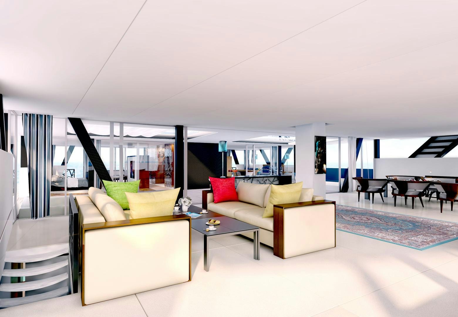 a living room with a couch and a table aboard SEA VOYAGER 143 Yacht for Sale