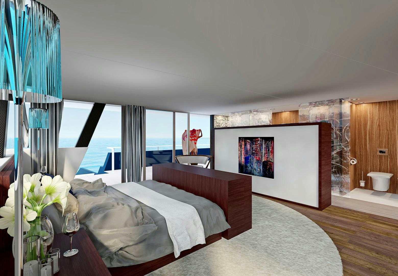 a bedroom with a bed and a window aboard SEA VOYAGER 143 Yacht for Sale