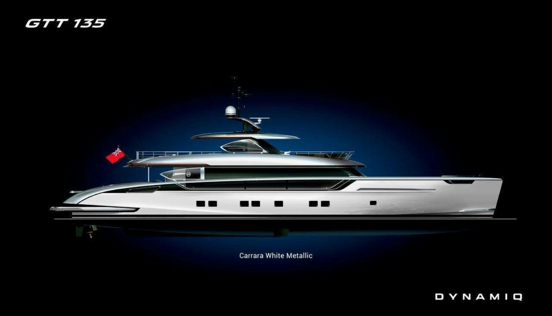 a white boat with a red and blue stripe aboard GTT 140 Yacht for Sale