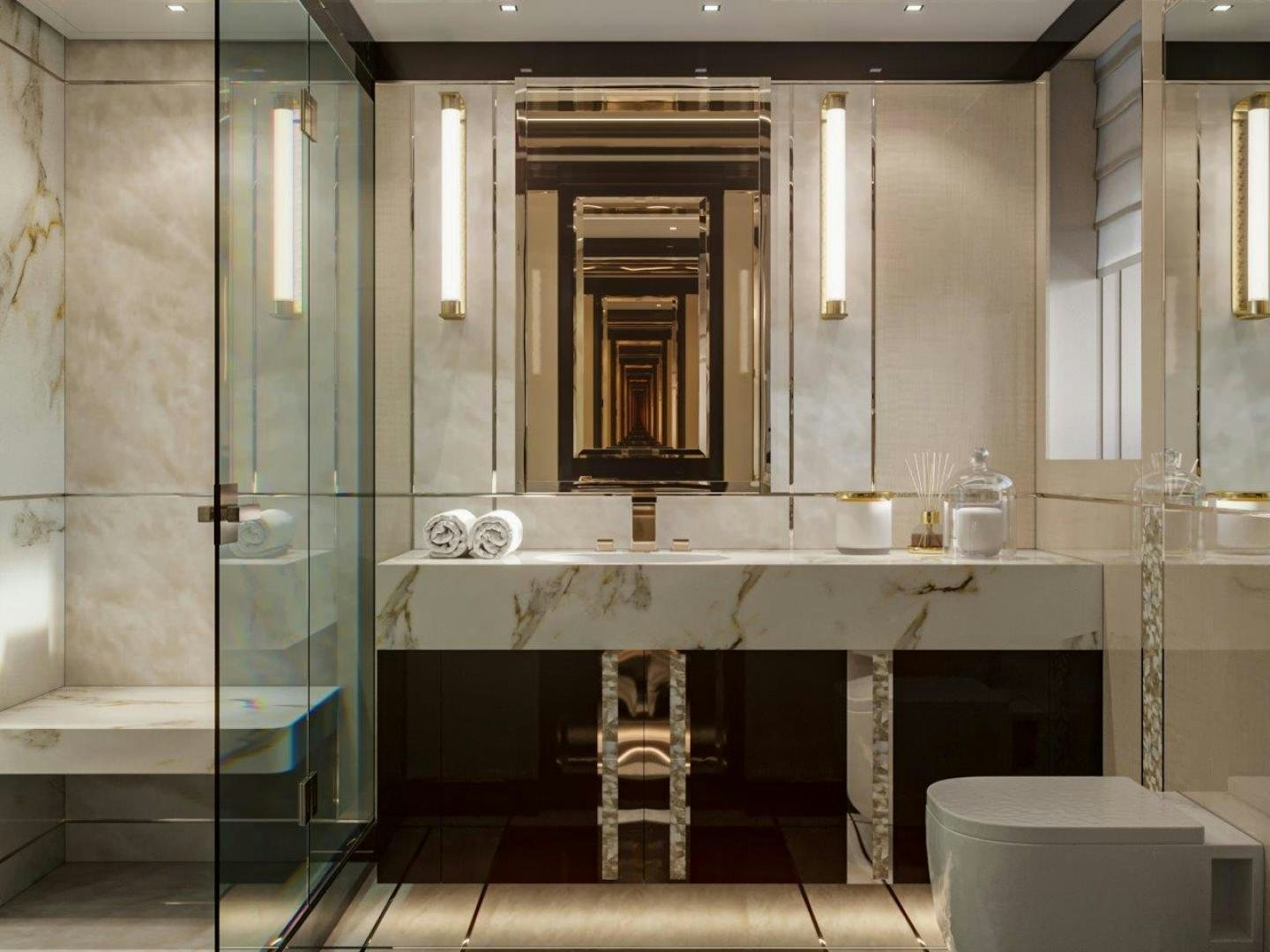 a bathroom with a glass shower aboard GTT 140 Yacht for Sale