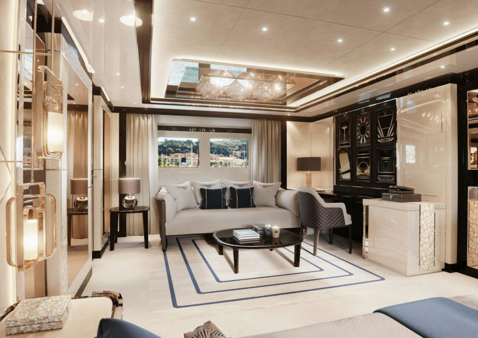 a living room with a large mirror aboard GTT 140 Yacht for Sale