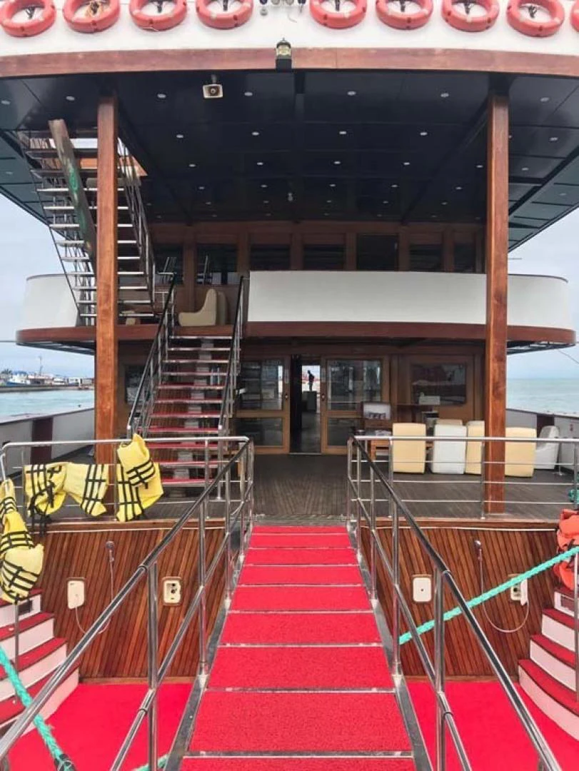 a red carpeted staircase in a building aboard MY DREAM Yacht for Sale