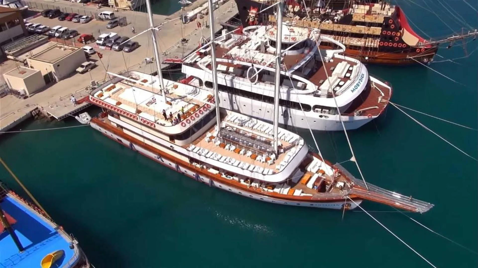 a large ship in the water aboard MY DREAM Yacht for Sale