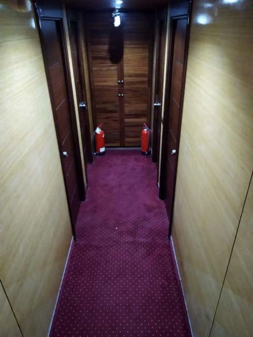 a hallway with a red carpet aboard MY DREAM Yacht for Sale