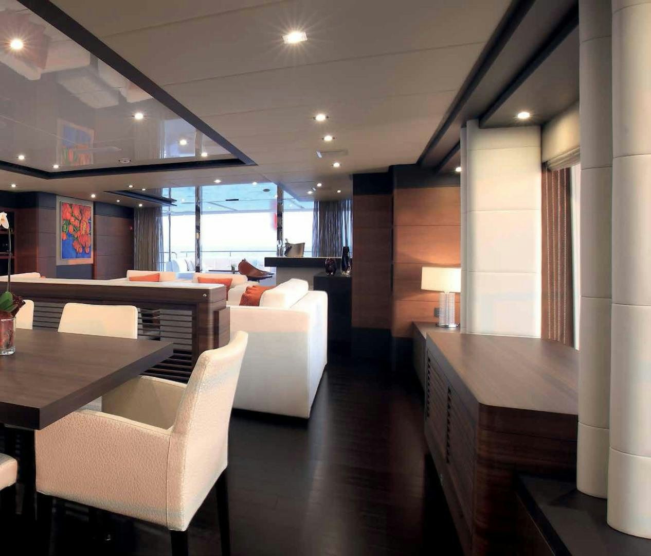 a room with a table chairs and a large window aboard DREW Yacht for Sale