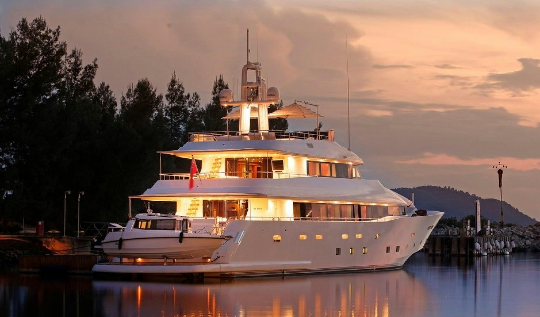 a large boat on the water aboard MR MOUSE Yacht for Sale