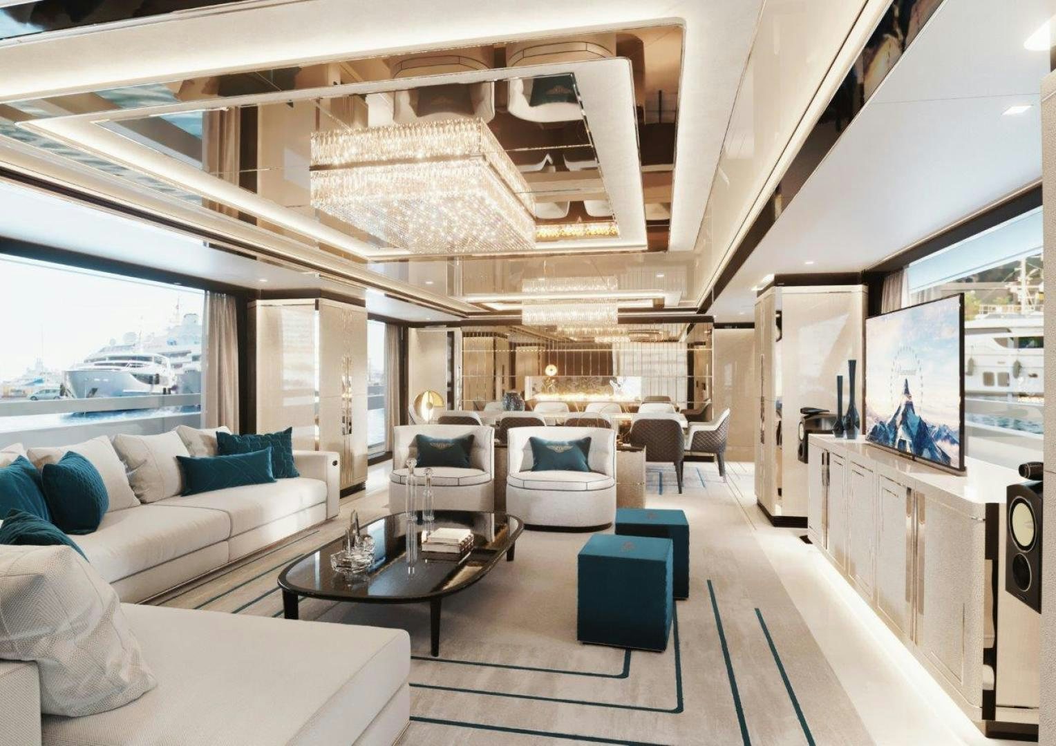 a living room with a large window aboard GTT 135 Yacht for Sale