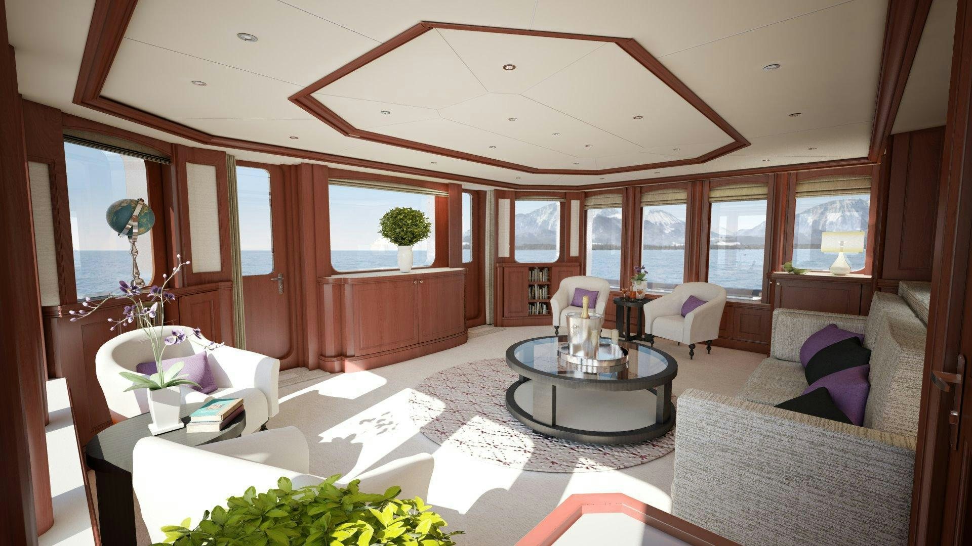 a living room with a large open window aboard MAGELLAN Yacht for Sale