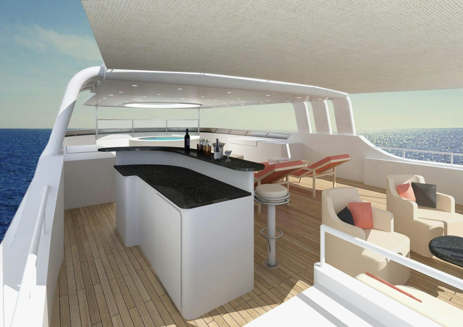 a boat with a bar and chairs on the deck aboard MAGELLAN Yacht for Sale