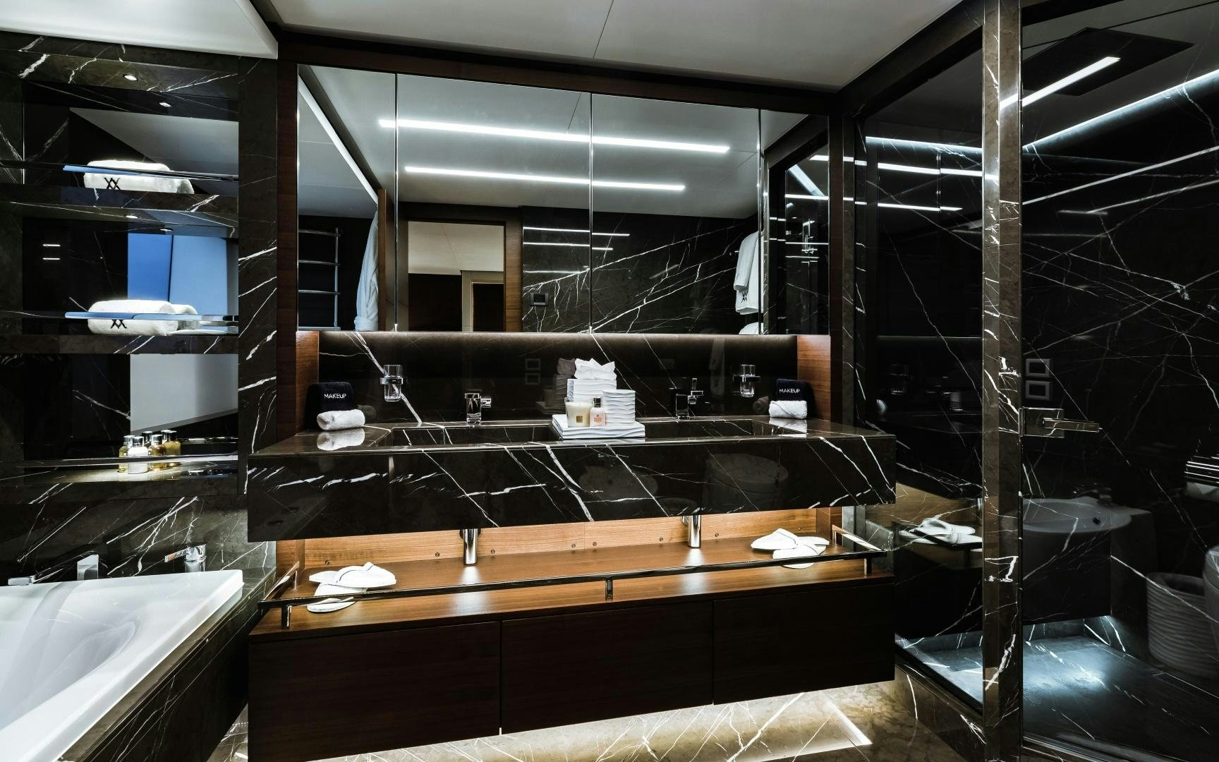 a kitchen with a large window aboard ALTAVITA Yacht for Sale