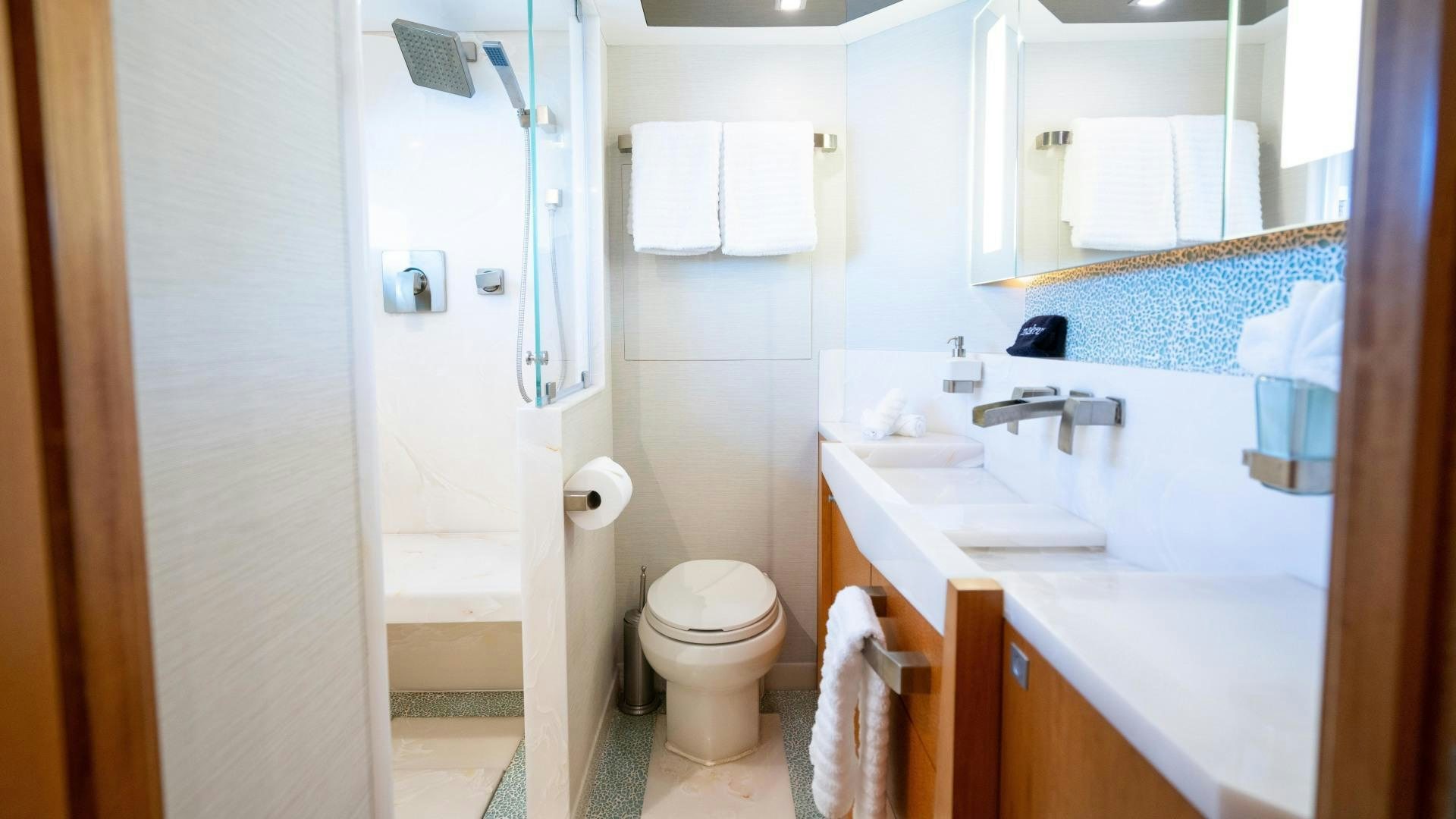 a bathroom with a toilet and a sink aboard SERENITY Yacht for Sale