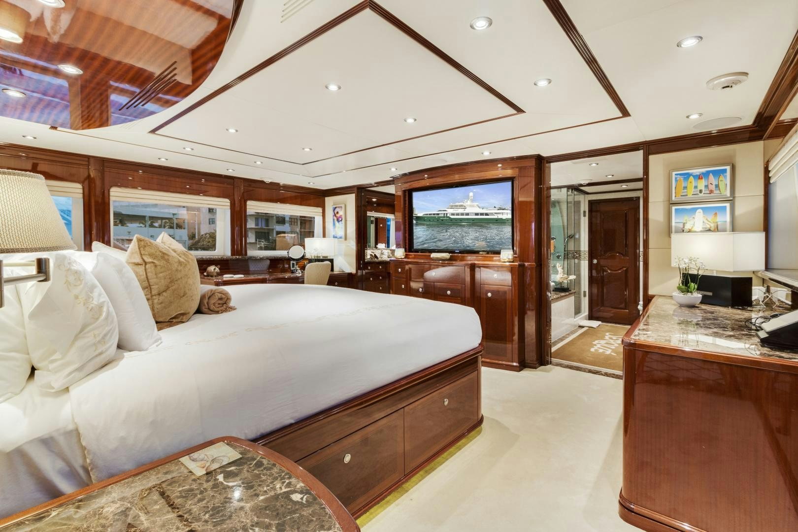 a large bed in a room aboard SERQUE Yacht for Sale