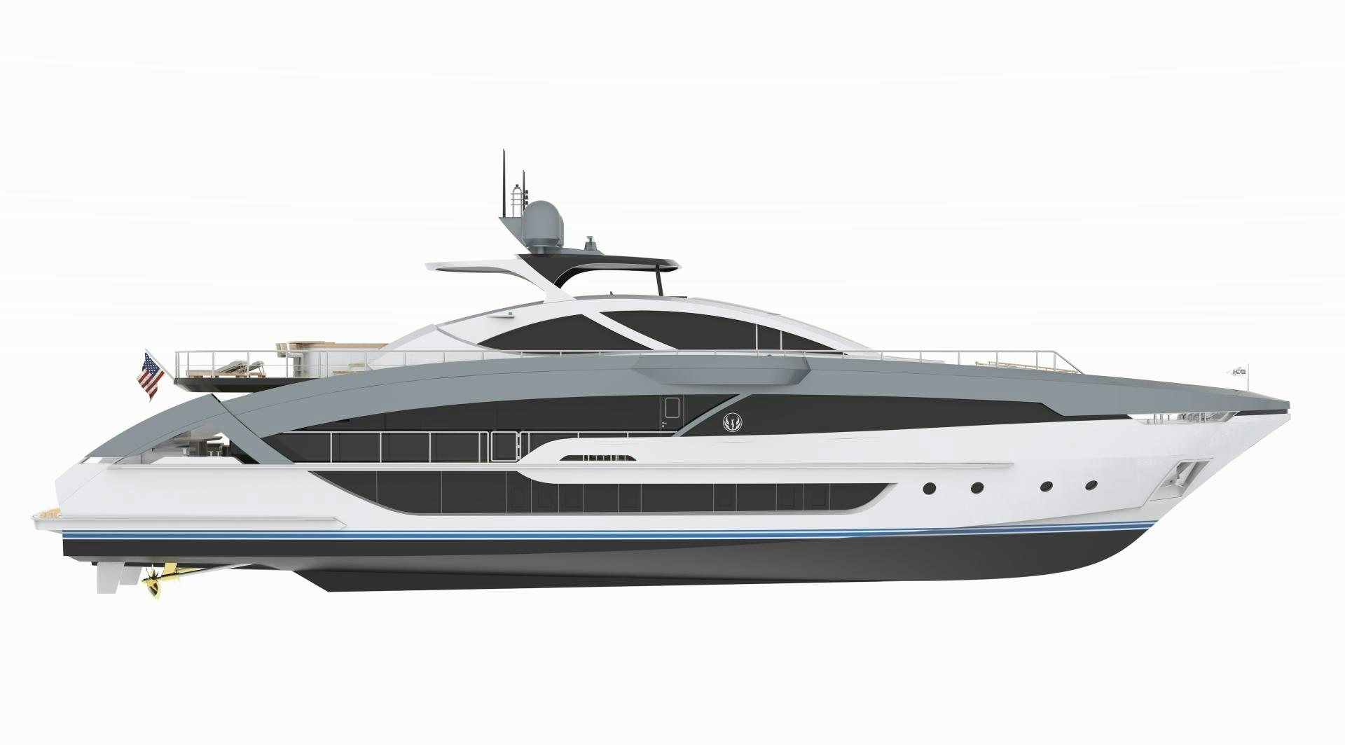 a white and blue boat aboard PHOENIX Yacht for Sale