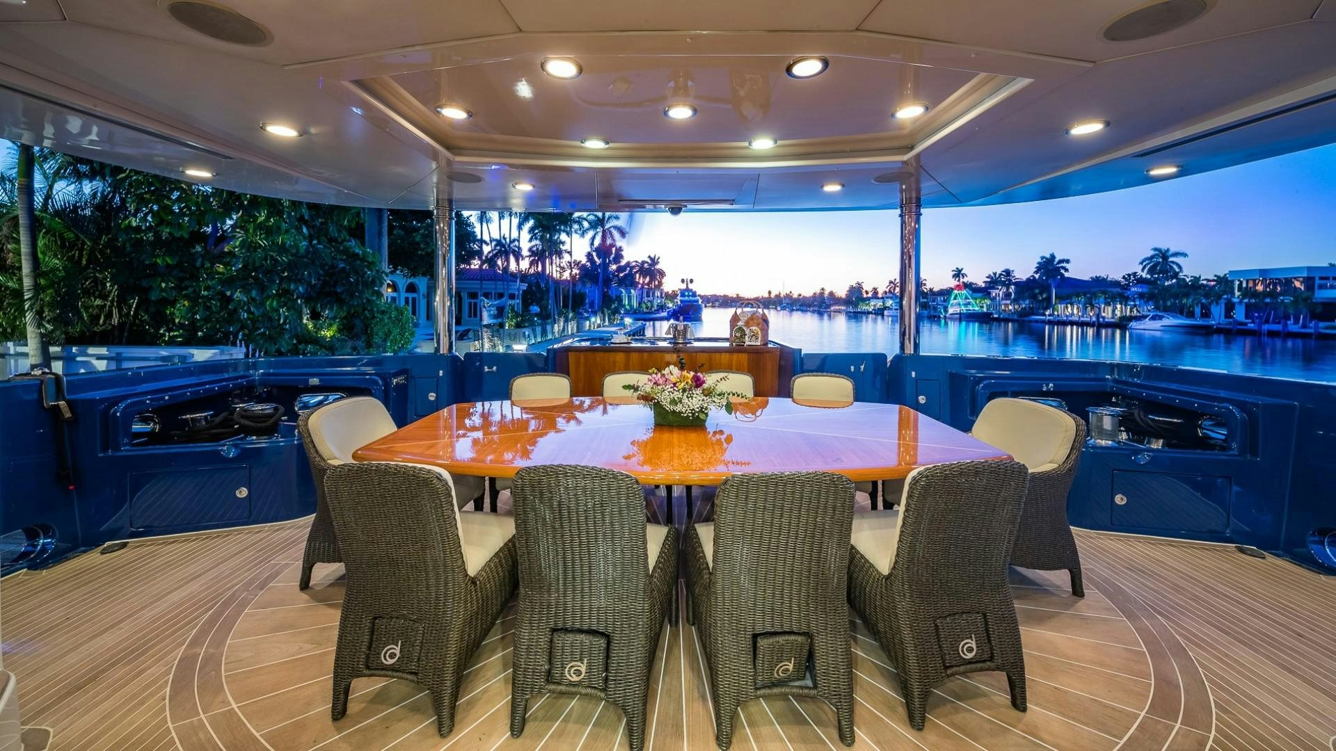 a large room with tables and chairs aboard LADY LEILA Yacht for Sale