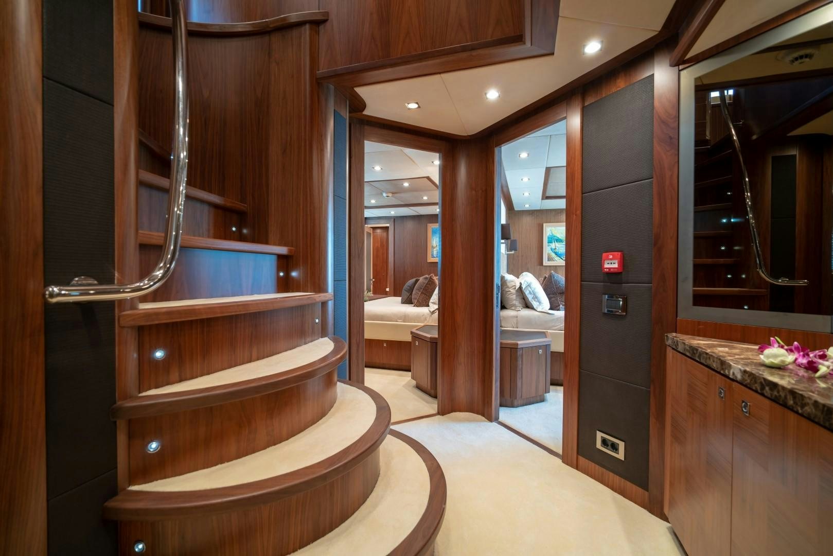 a bathroom with a large mirror aboard ABOUT TIME Yacht for Sale